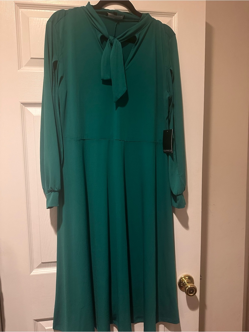 Eloquii Teal Tie-Neck Long Sleeve Dress, split sleeves